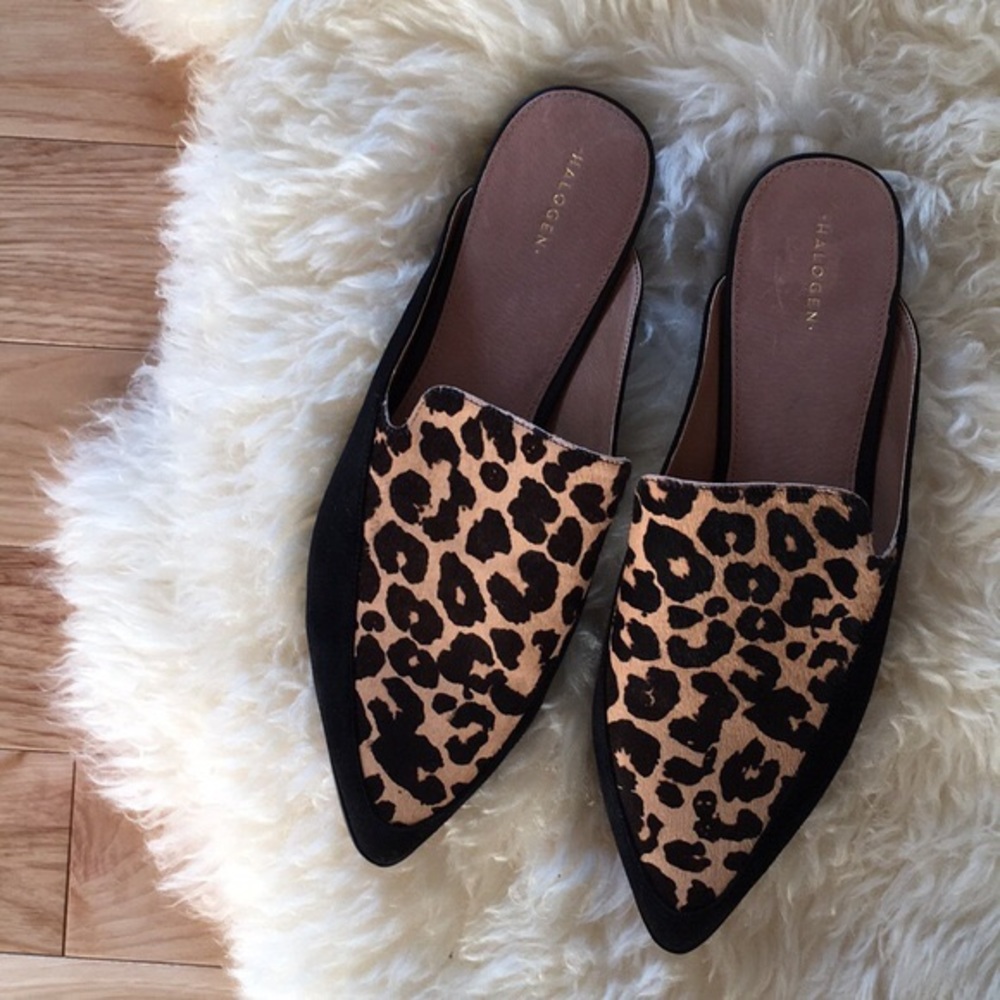 Halogen leopard print real fur calf hair mule